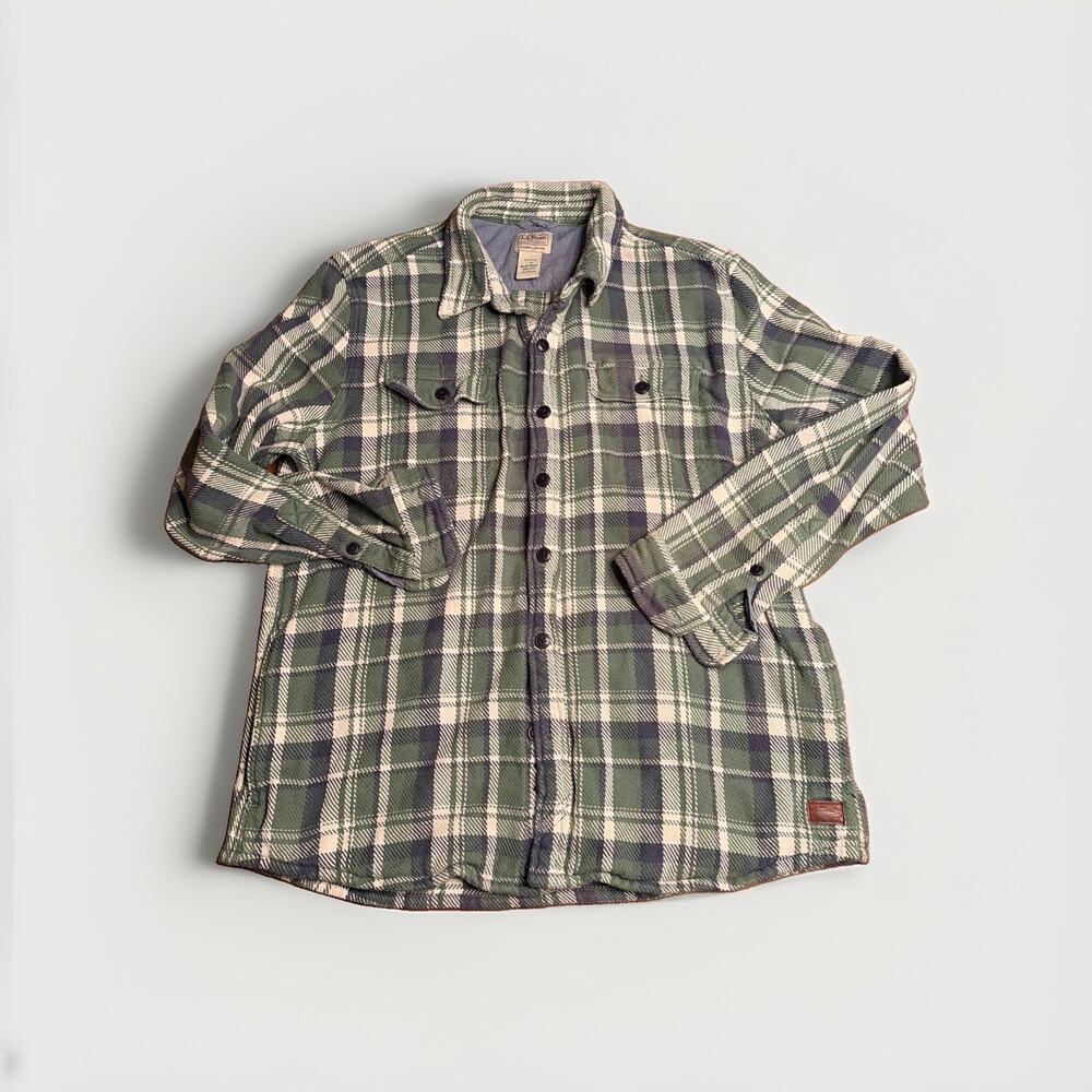 Vintage LL Bean Flannel Shacket Size Large Green Plaid Slightly Fitted Jacket